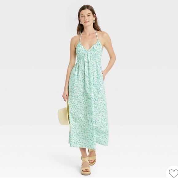 Universal thread green floral keyhole or cross front smocked midi sundress - Picture 1 of 10